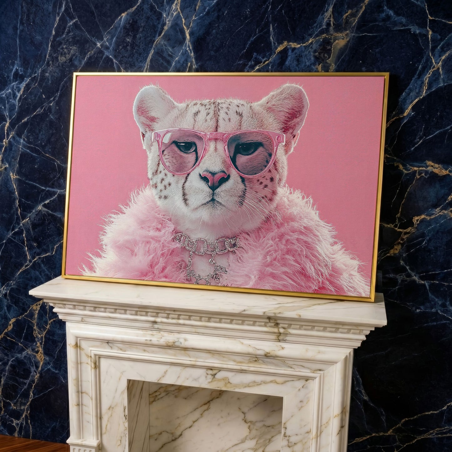 Funny Cheetah with Pink Glasses Canvas in yellow gold floating frame
