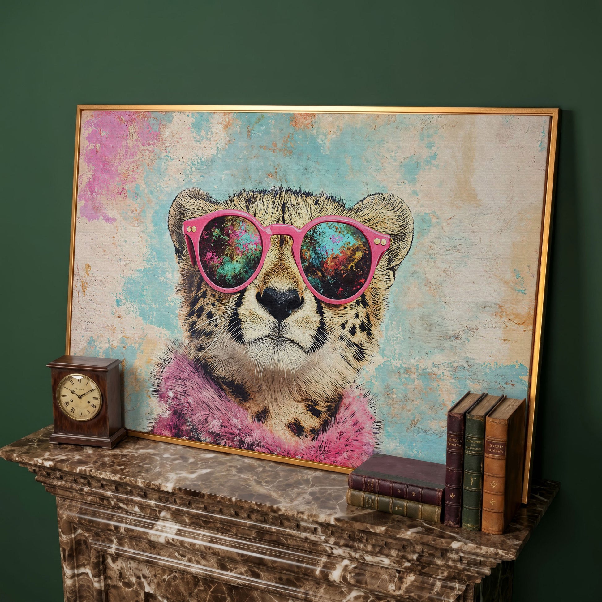 Cool Cheetah with Pink Boa Canvas Wall Art in antique gold floating frame