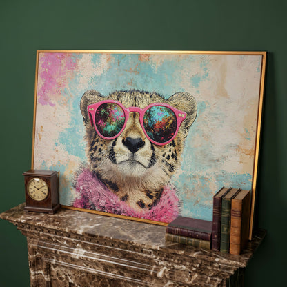 Cool Cheetah with Pink Boa Canvas Wall Art in antique gold floating frame