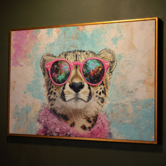 Cool Cheetah with Pink Boa Canvas Wall Art shown in antique gold floating frame