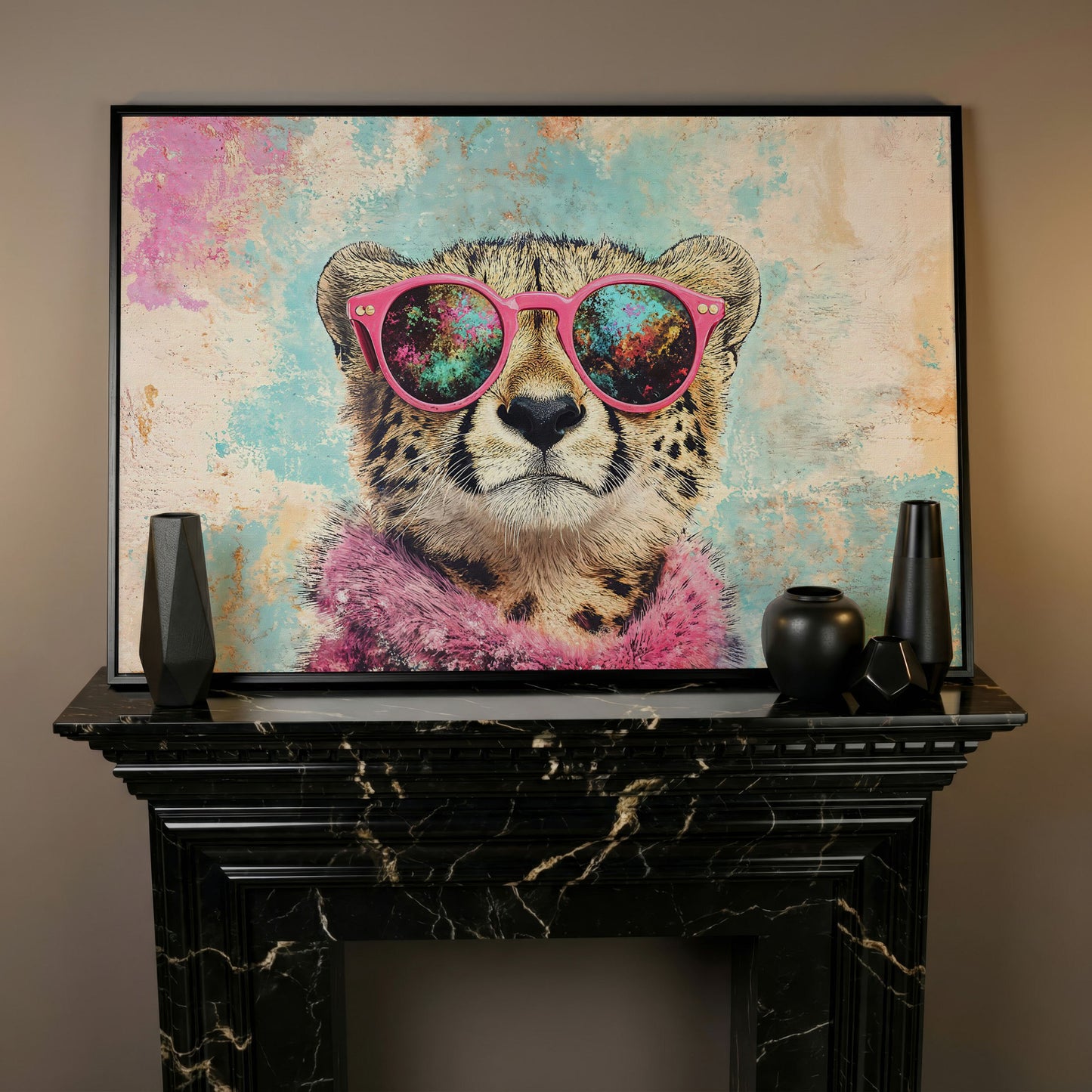 Cool Cheetah with Pink Boa Canvas Wall Art in black floating frame