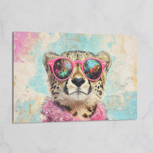 Cool Cheetah with Pink Boa Canvas Wall Art on gallery wrap