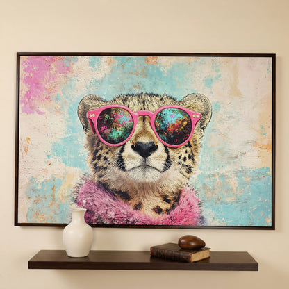 Cool Cheetah with Pink Boa Canvas Wall Art in dark walnut floating frame