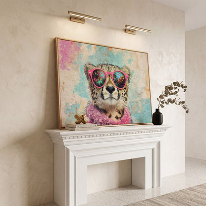 Cool Cheetah with Pink Boa Canvas Wall Art in white oak floating frame
