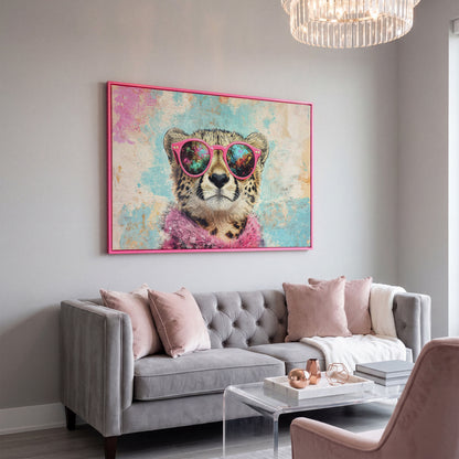 Cool Cheetah with Pink Boa Canvas Wall Art in pink floating frame