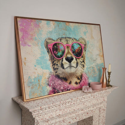 Cool Cheetah with Pink Boa Canvas Wall Art in rose gold floating frame