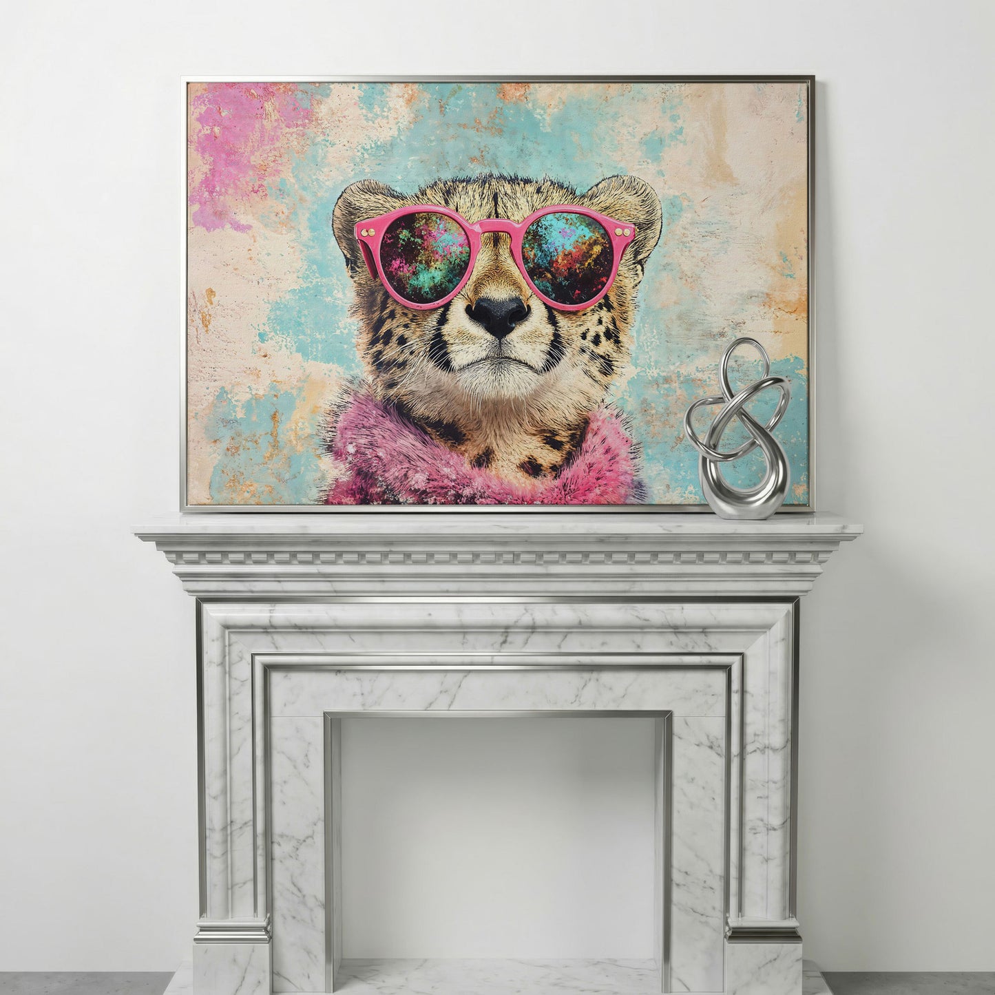 Cool Cheetah with Pink Boa Canvas Wall Art in silver floating frame