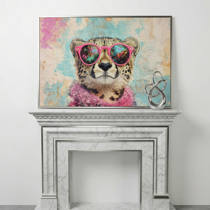 Cool Cheetah with Pink Boa Canvas Wall Art in silver floating frame