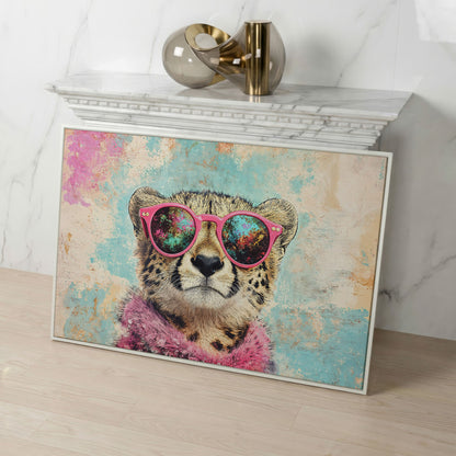 Cool Cheetah with Pink Boa Canvas Wall Art in white floating frame
