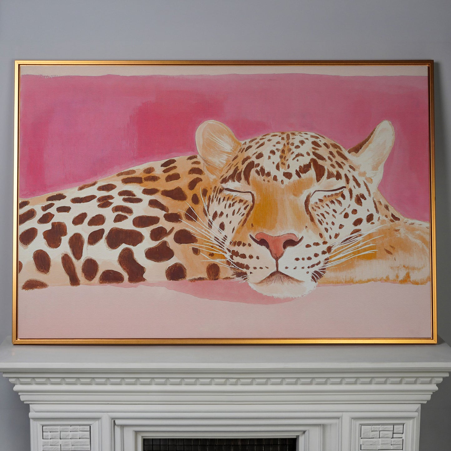 Pink Leopard Canvas Print - Watercolor Bohemian Art in antique gold floating frame