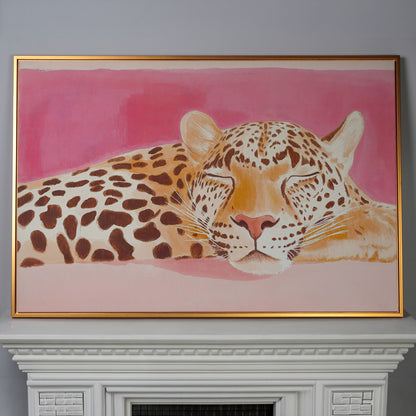 Pink Leopard Canvas Print - Watercolor Bohemian Art in antique gold floating frame