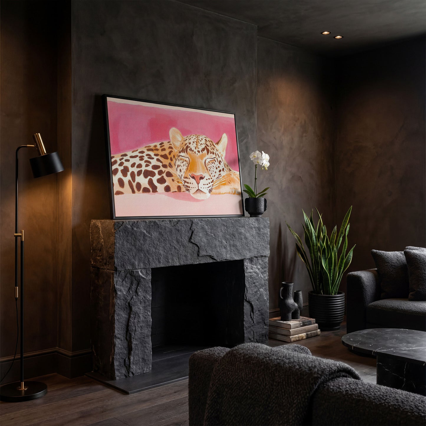 Pink Leopard Canvas Print - Watercolor Bohemian Art in black floating frame