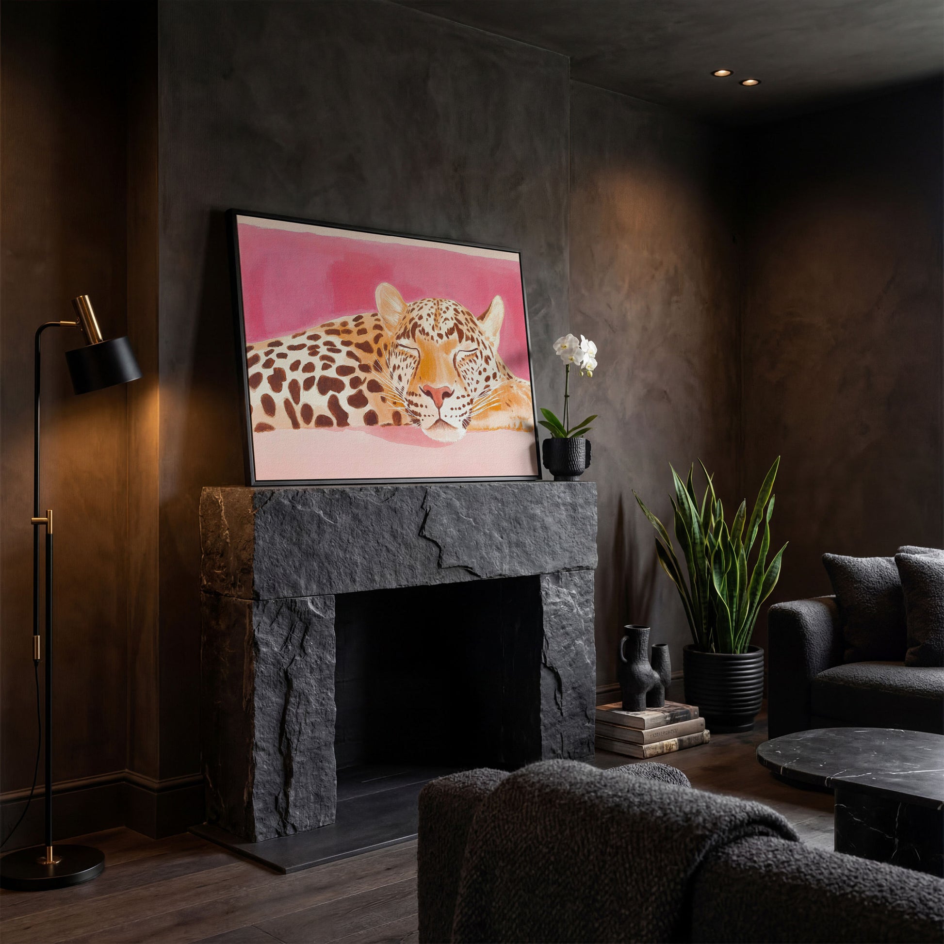 Pink Leopard Canvas Print - Watercolor Bohemian Art in black floating frame