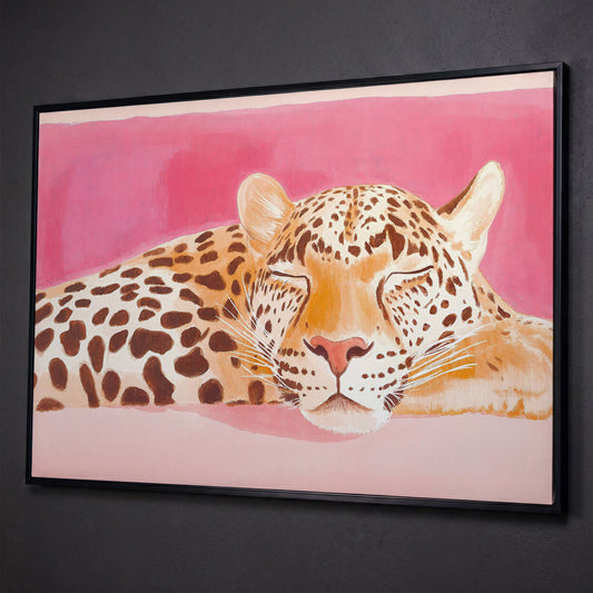 Pink Leopard Canvas Print - Watercolor Bohemian Art shown in black floating frame