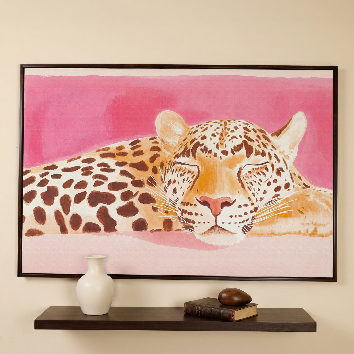 Pink Leopard Canvas Print - Watercolor Bohemian Art in dark walnut floating frame