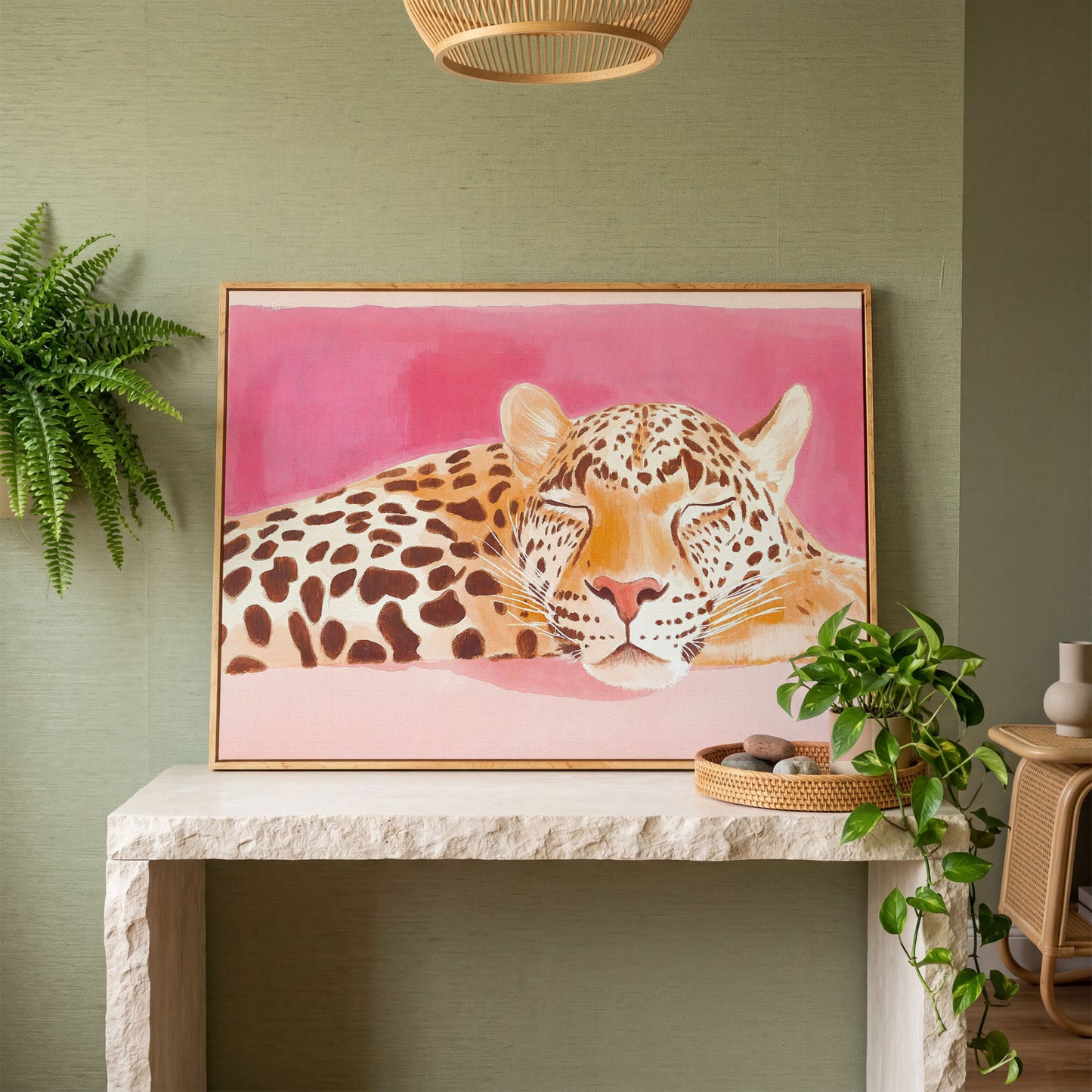 Pink Leopard Canvas Print - Watercolor Bohemian Art in white oak floating frame