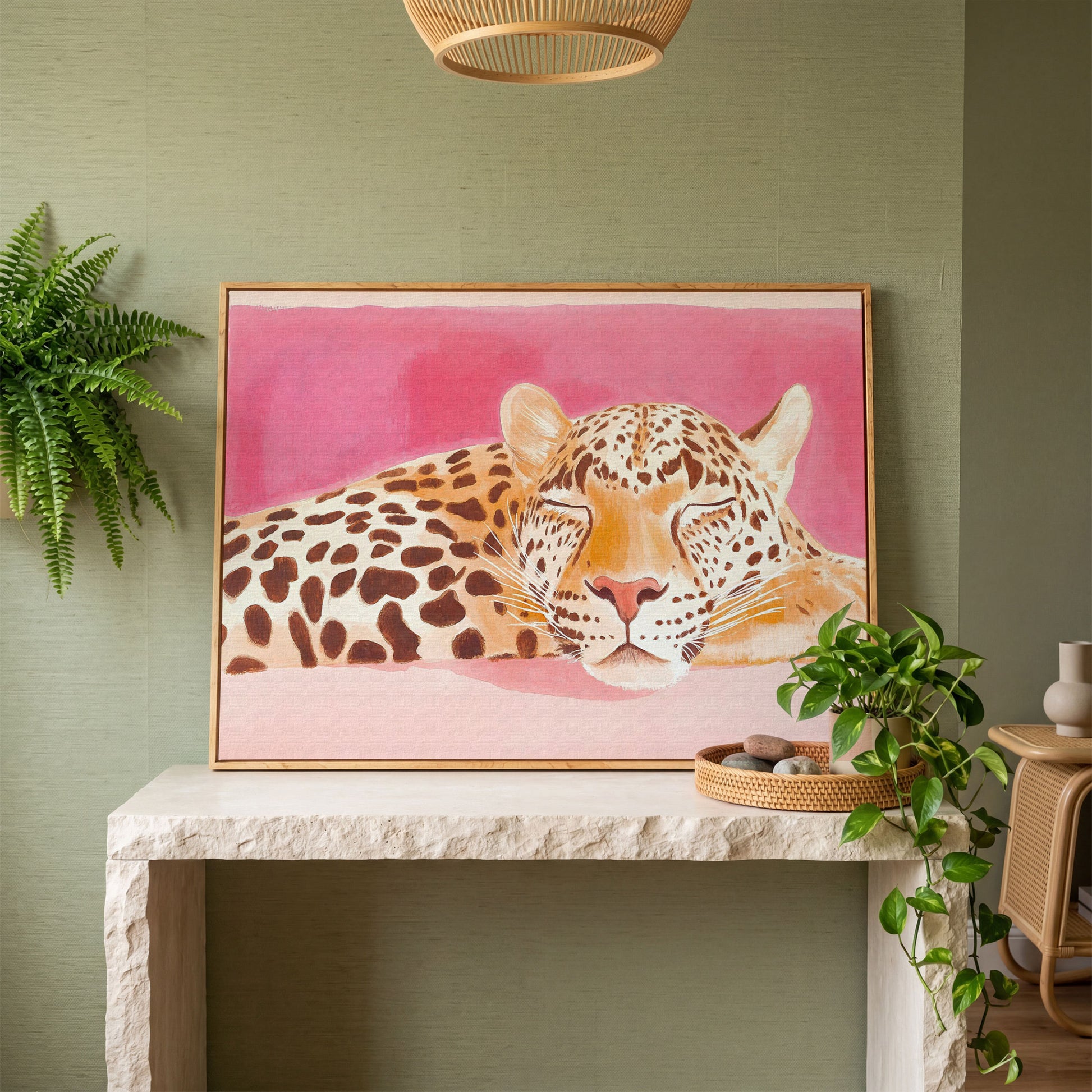 Pink Leopard Canvas Print - Watercolor Bohemian Art in white oak floating frame