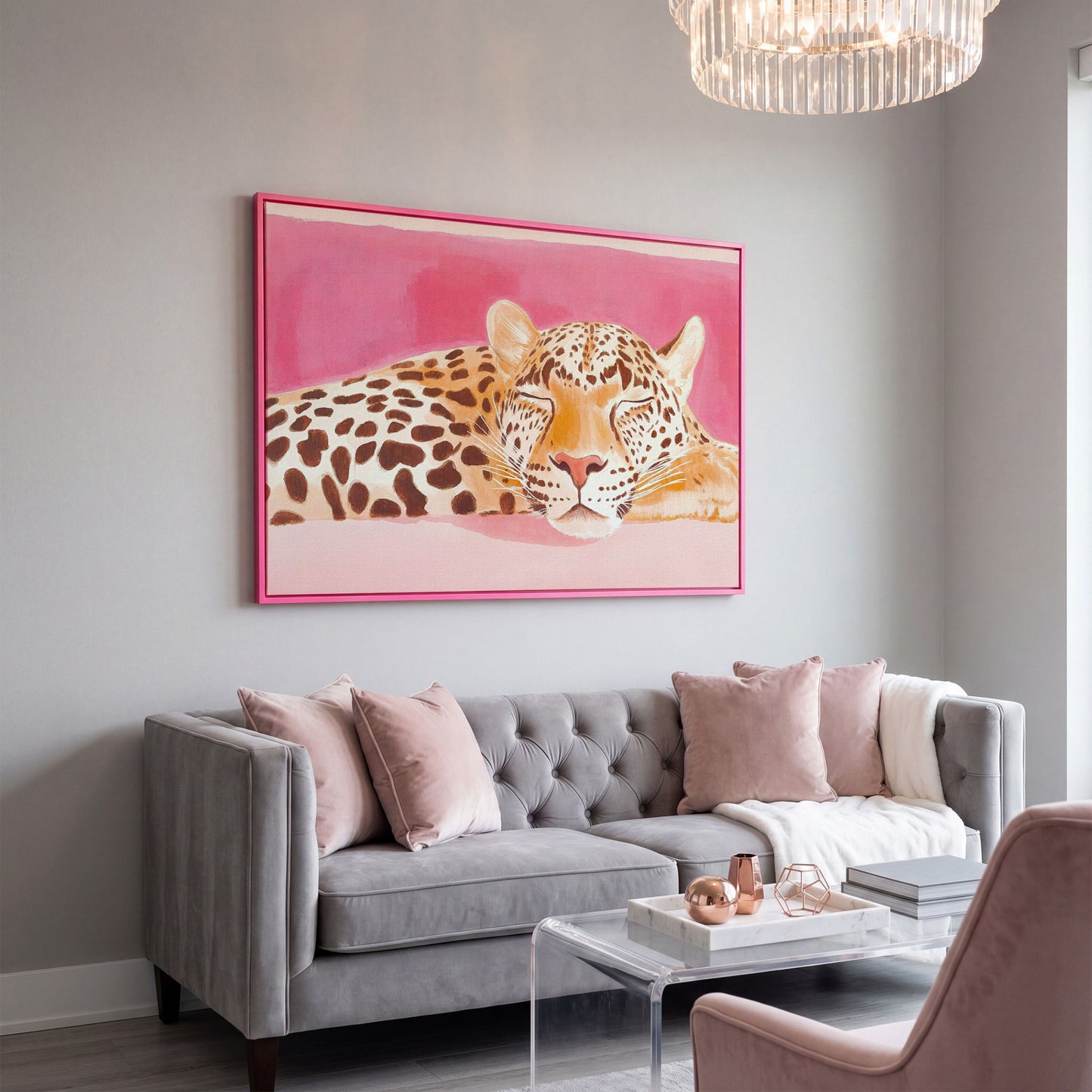 Pink Leopard Canvas Print - Watercolor Bohemian Art in pink floating frame