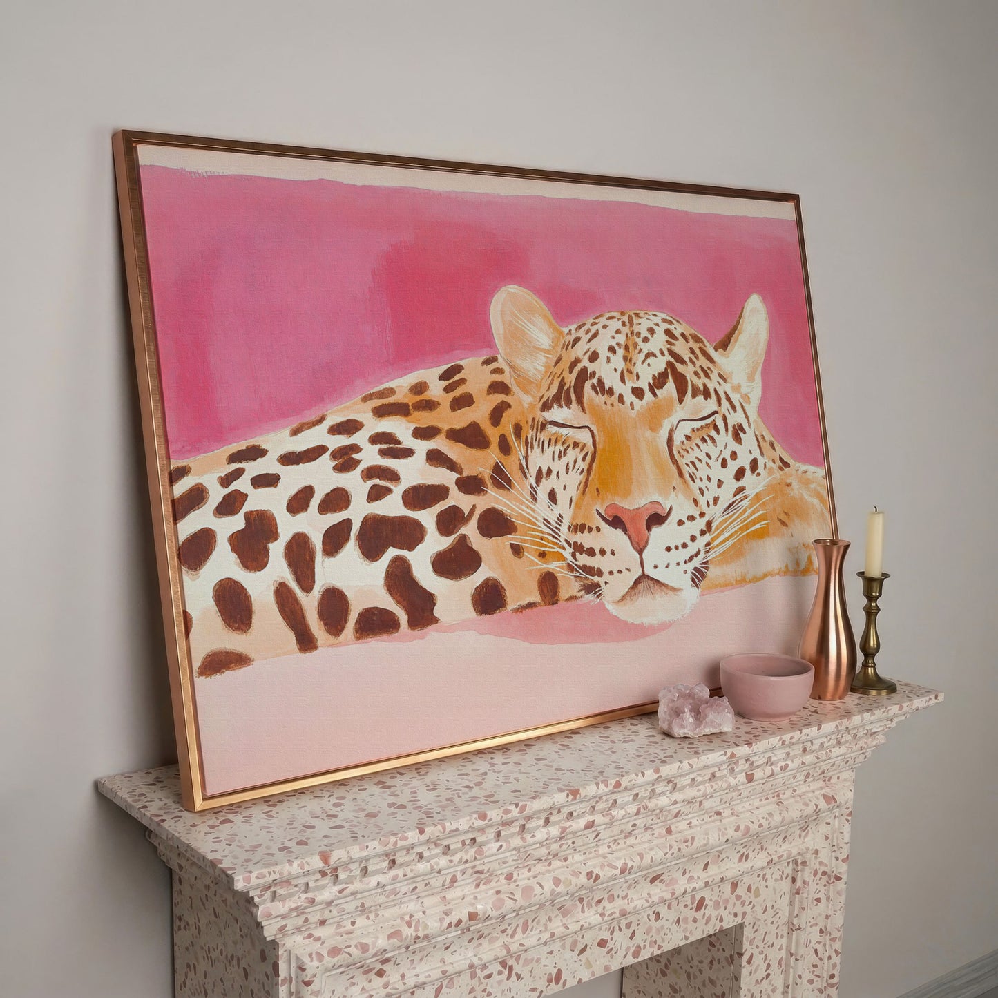 Pink Leopard Canvas Print - Watercolor Bohemian Art in rose gold floating frame