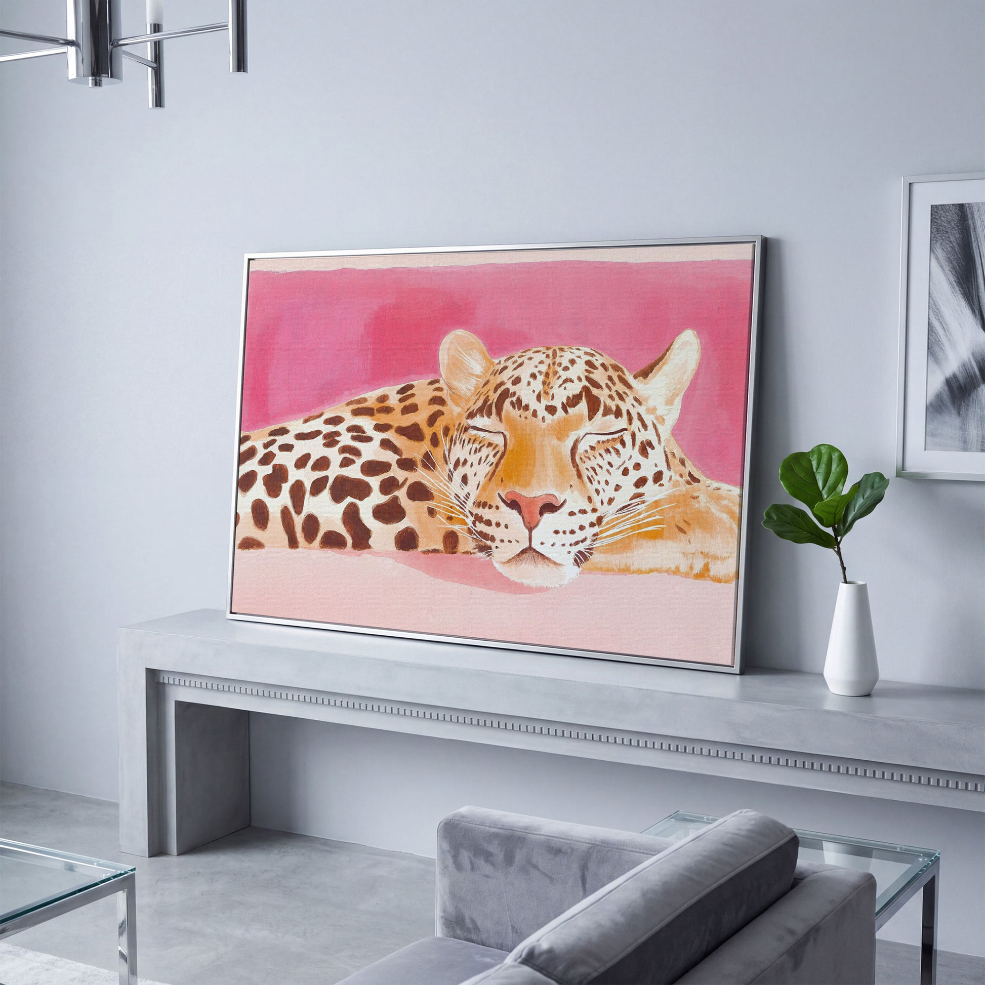 Pink Leopard Canvas Print - Watercolor Bohemian Art in silver floating frame