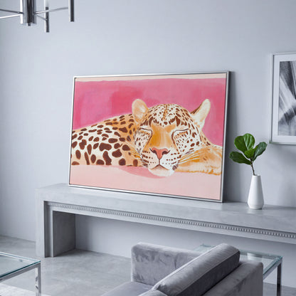 Pink Leopard Canvas Print - Watercolor Bohemian Art in silver floating frame