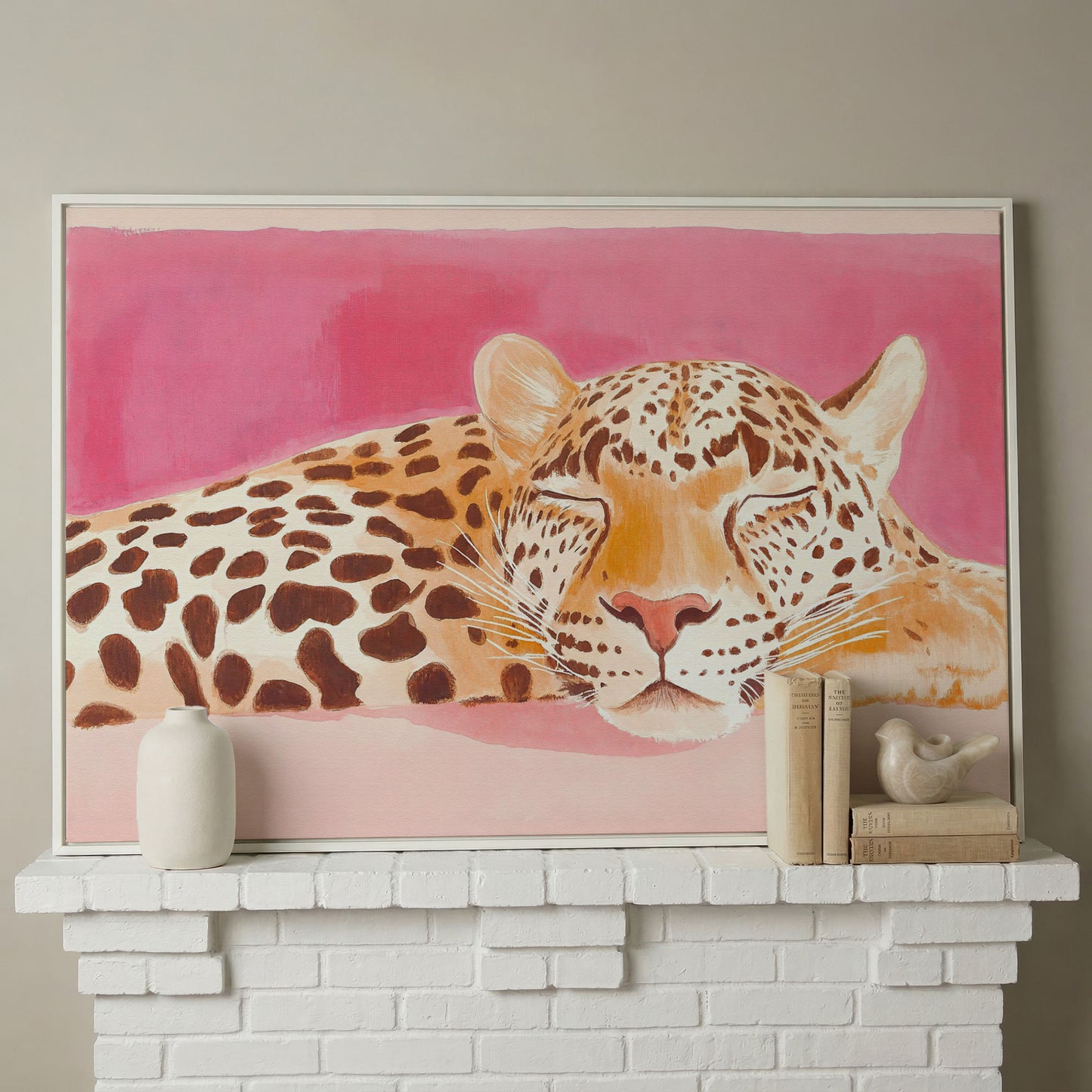 Pink Leopard Canvas Print - Watercolor Bohemian Art in white floating frame