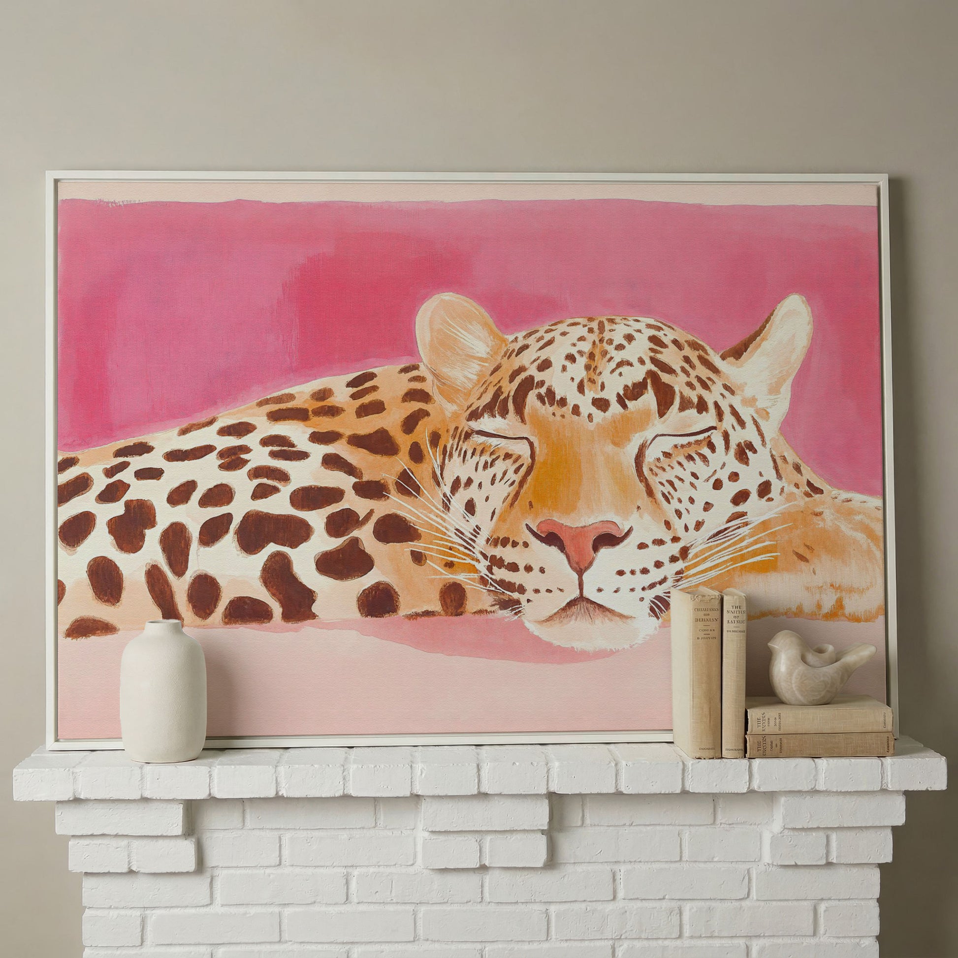 Pink Leopard Canvas Print - Watercolor Bohemian Art in white floating frame