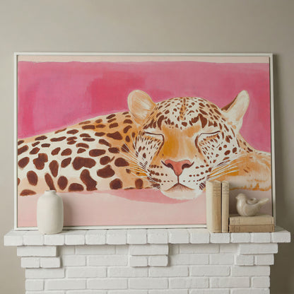 Pink Leopard Canvas Print - Watercolor Bohemian Art in white floating frame