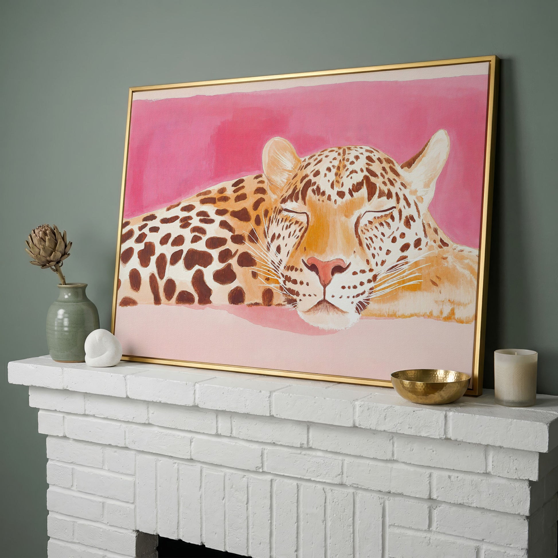 Pink Leopard Canvas Print - Watercolor Bohemian Art in yellow gold floating frame