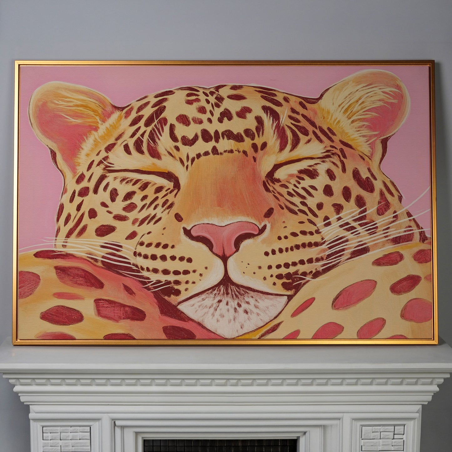 Sleeping Leopard Pink Canvas for Kids Rooms in antique gold floating frame