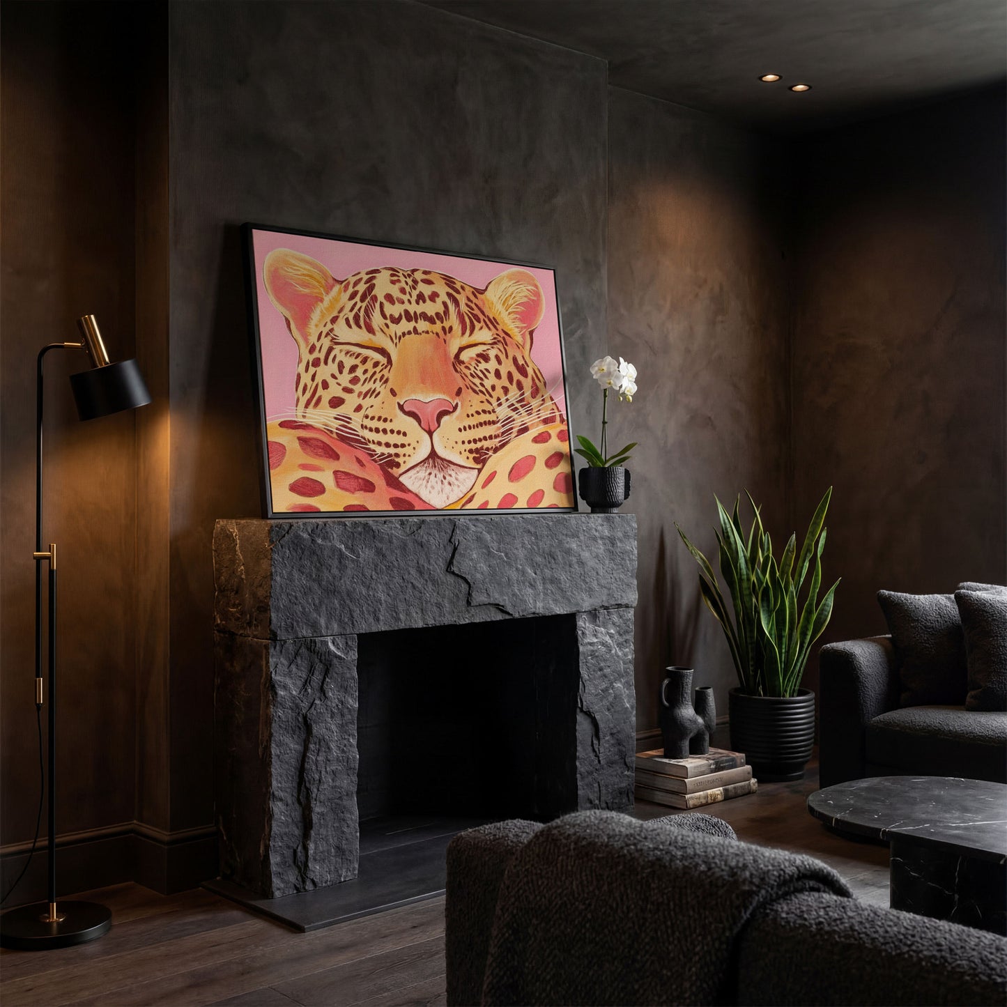 Sleeping Leopard Pink Canvas for Kids Rooms in black floating frame