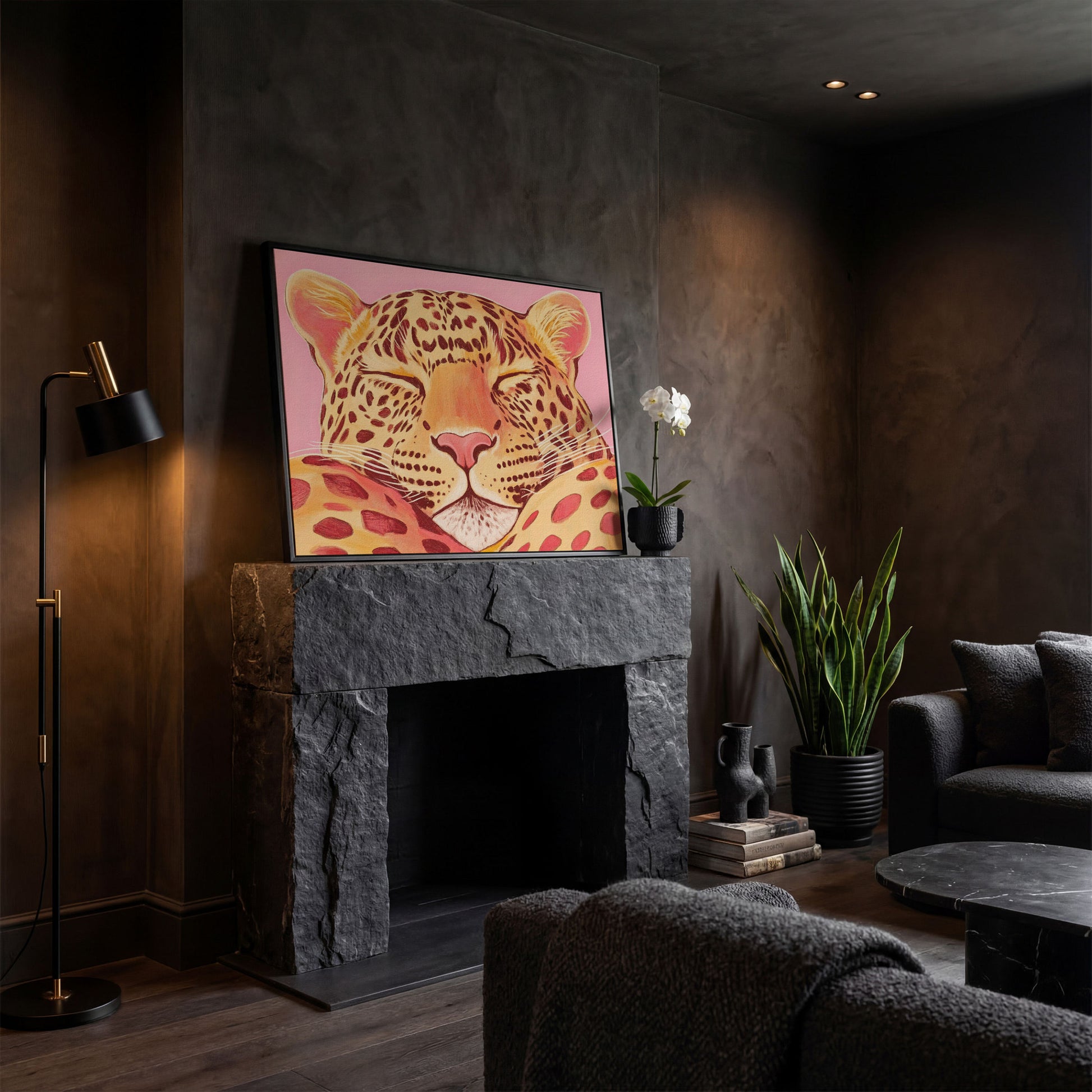 Sleeping Leopard Pink Canvas for Kids Rooms in black floating frame