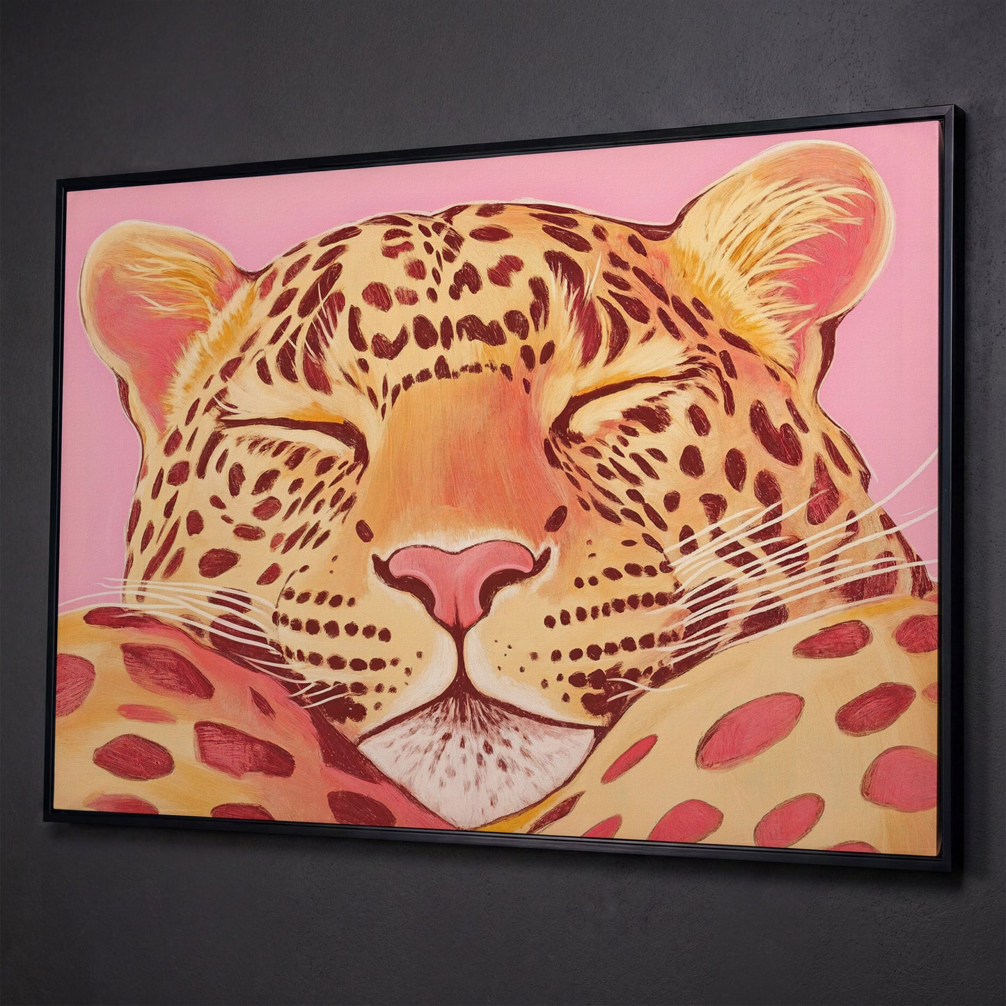 Sleeping Leopard Pink Canvas for Kids Rooms shown in black floating frame