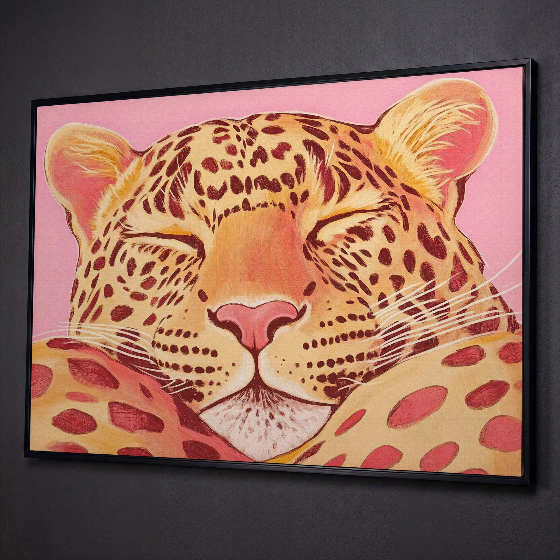 Sleeping Leopard Pink Canvas for Kids Rooms shown in black floating frame