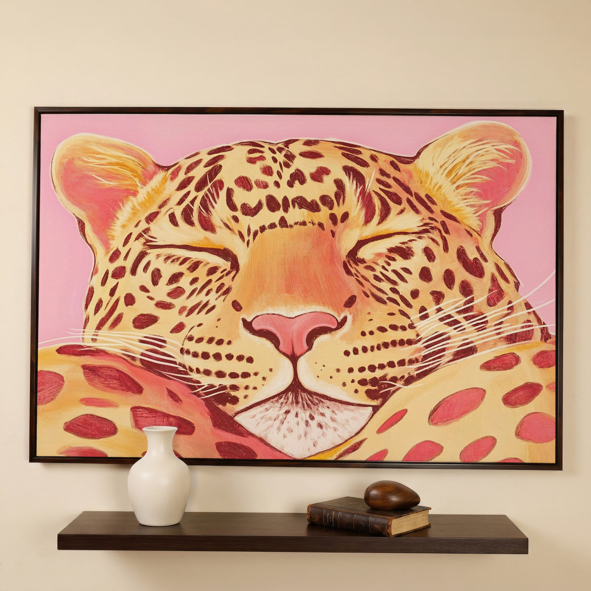 Sleeping Leopard Pink Canvas for Kids Rooms in dark walnut floating frame
