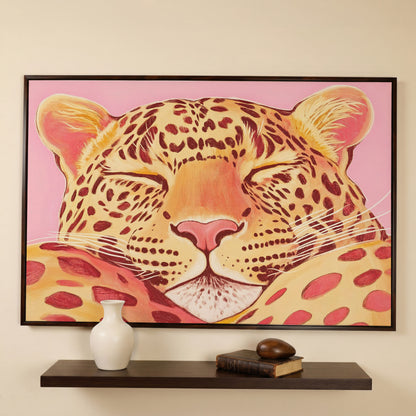 Sleeping Leopard Pink Canvas for Kids Rooms in dark walnut floating frame