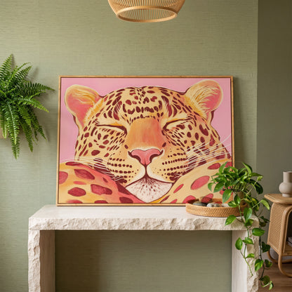 Sleeping Leopard Pink Canvas for Kids Rooms in white oak floating frame