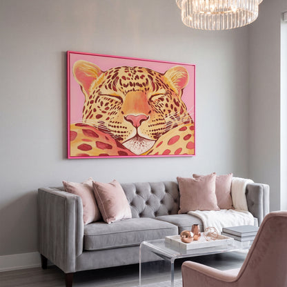 Sleeping Leopard Pink Canvas for Kids Rooms in pink floating frame