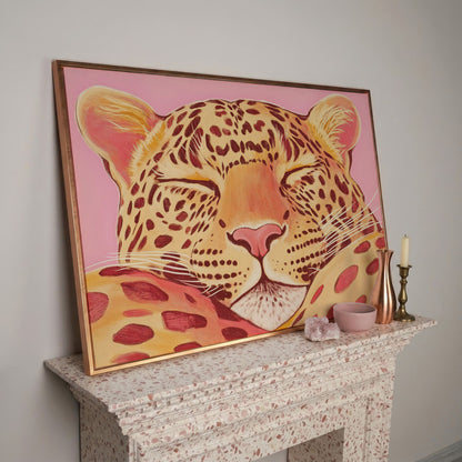 Sleeping Leopard Pink Canvas for Kids Rooms in rose gold floating frame