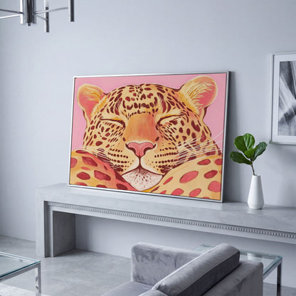 Sleeping Leopard Pink Canvas for Kids Rooms in silver floating frame