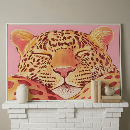 Sleeping Leopard Pink Canvas for Kids Rooms in white floating frame