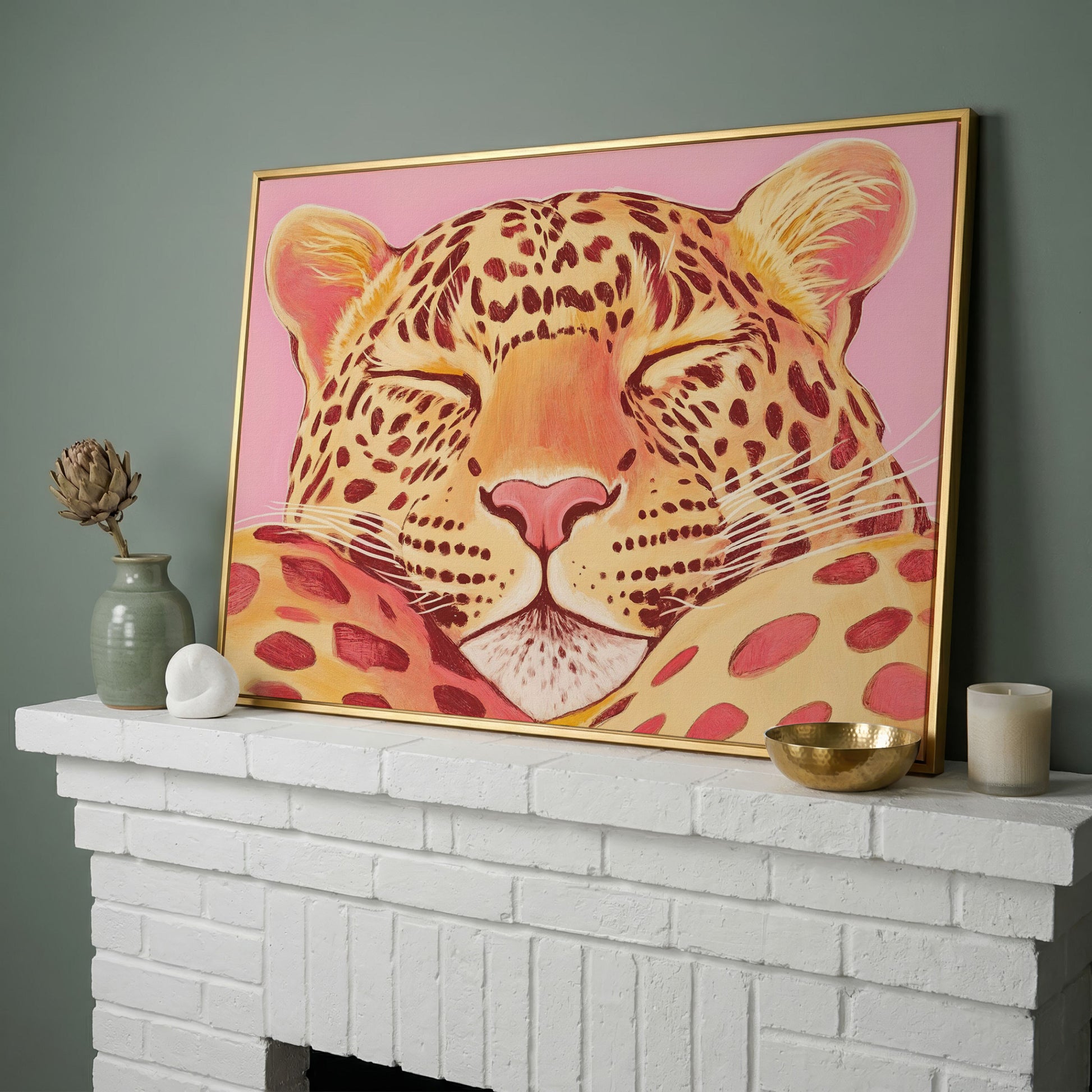 Sleeping Leopard Pink Canvas for Kids Rooms in yellow gold floating frame