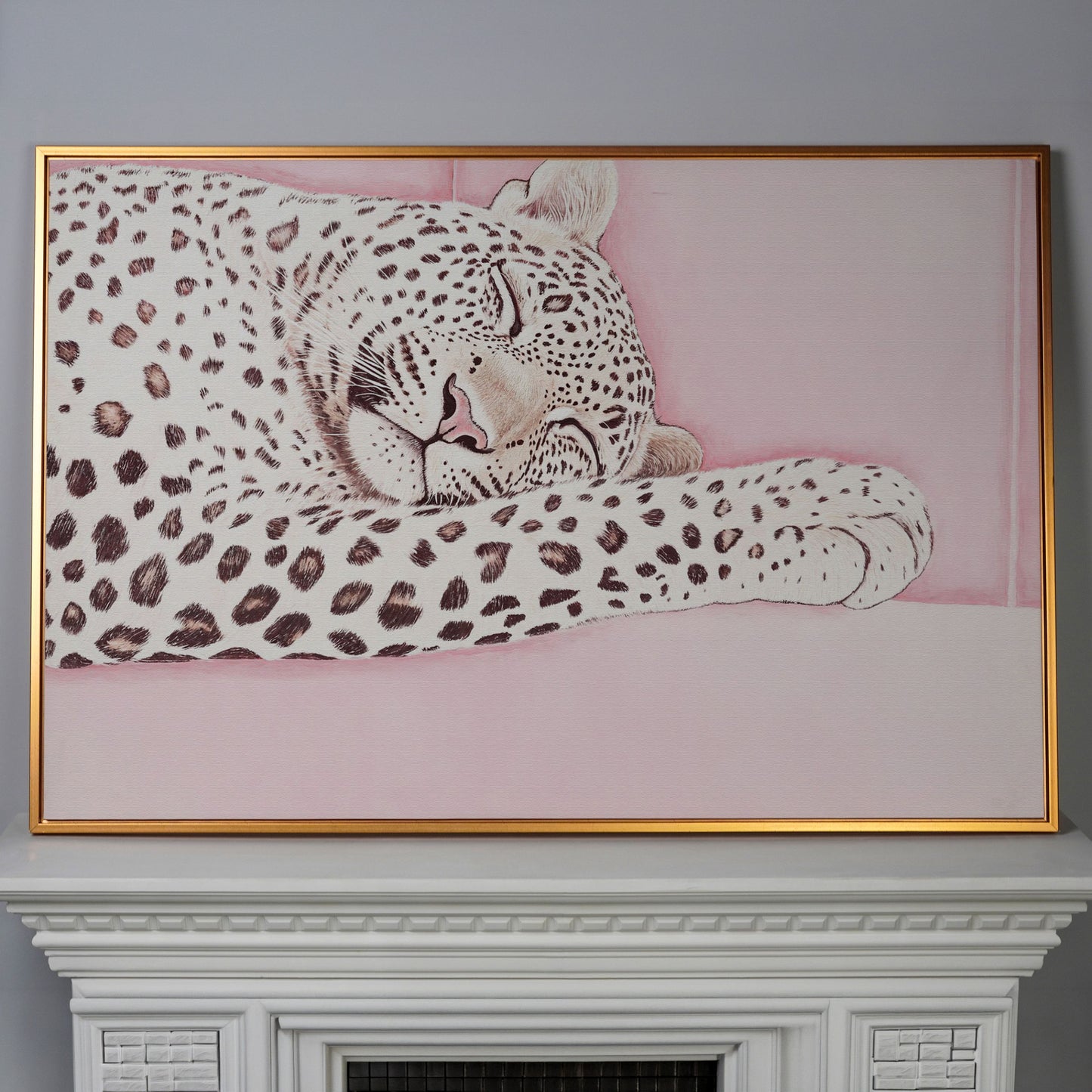 Soft Pastel Leopard Canvas in Pink and Cream in antique gold floating frame