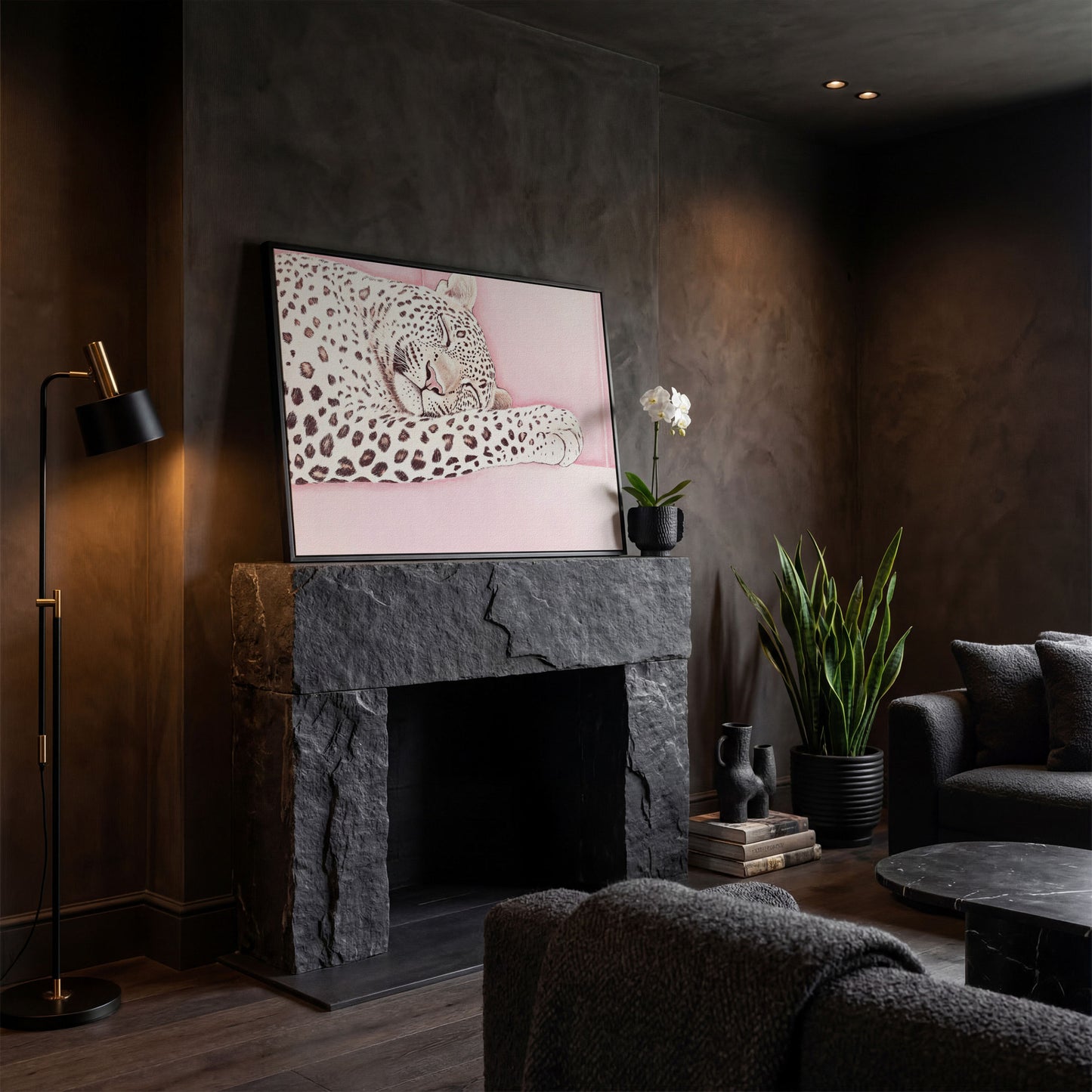 Soft Pastel Leopard Canvas in Pink and Cream in black floating frame