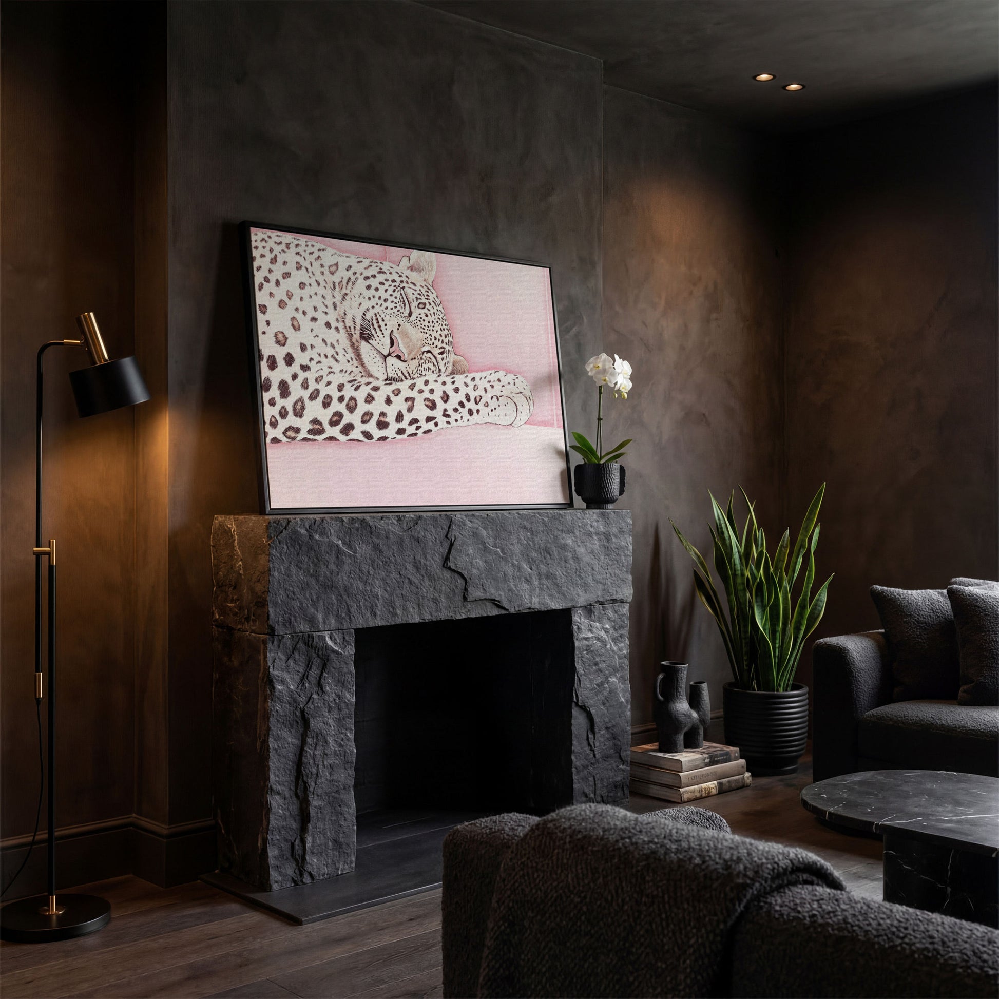 Soft Pastel Leopard Canvas in Pink and Cream in black floating frame