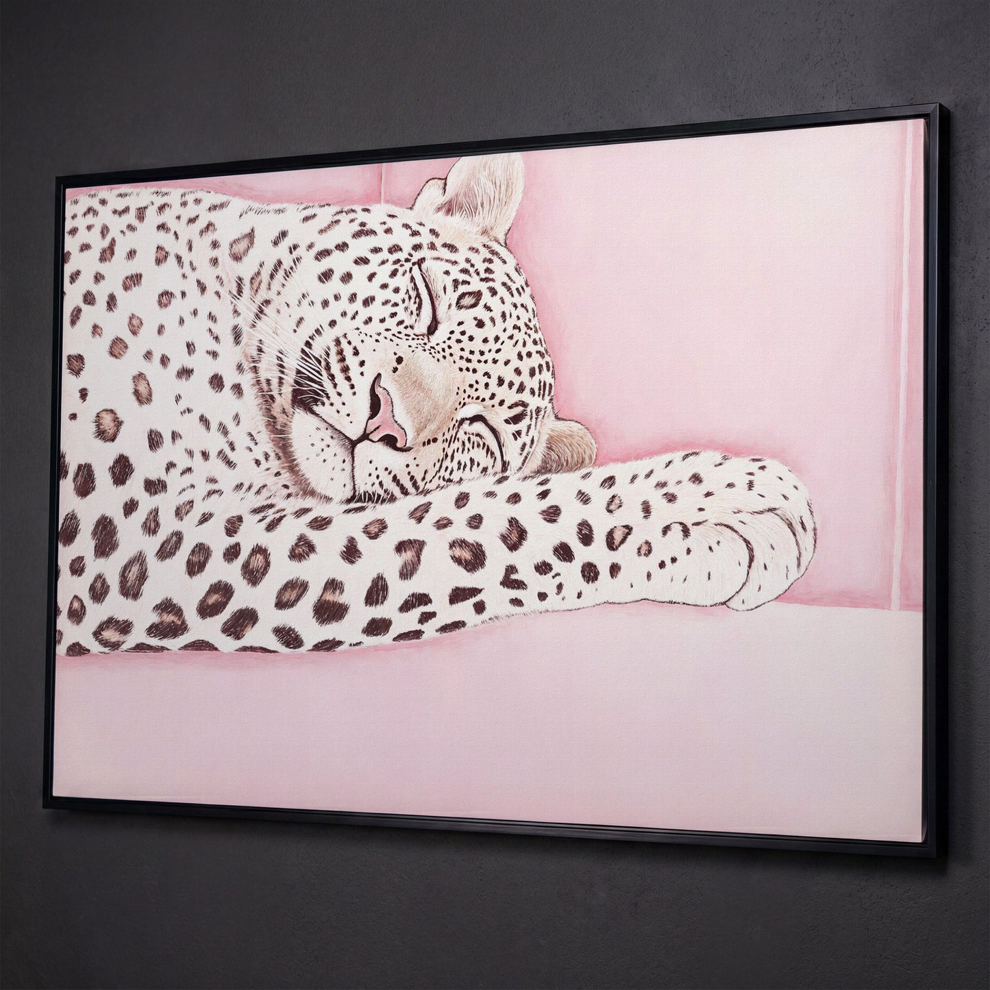 Soft Pastel Leopard Canvas in Pink and Cream shown in black floating frame