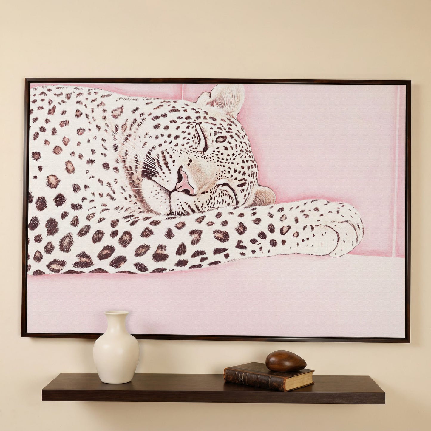 Soft Pastel Leopard Canvas in Pink and Cream in dark walnut floating frame