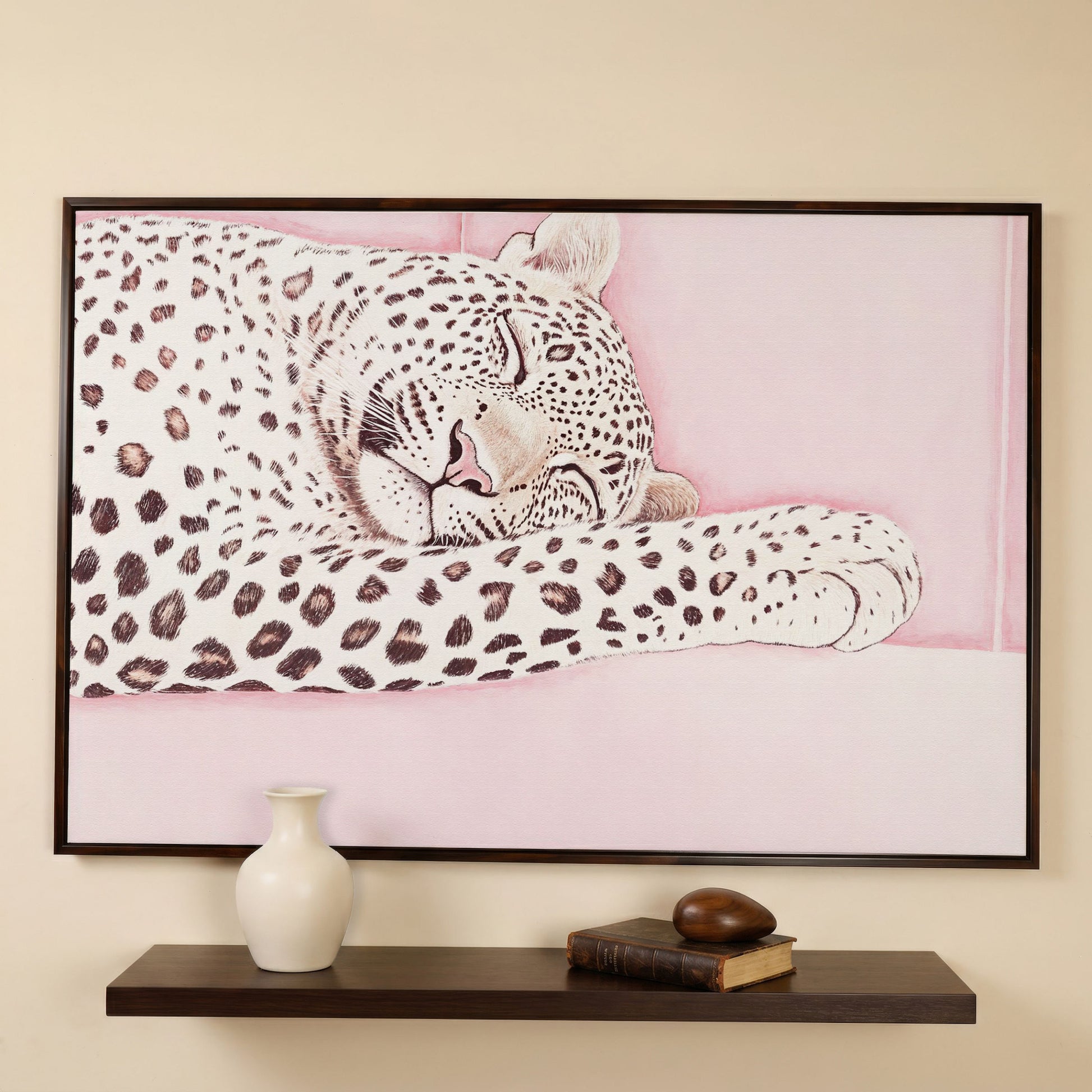 Soft Pastel Leopard Canvas in Pink and Cream in dark walnut floating frame