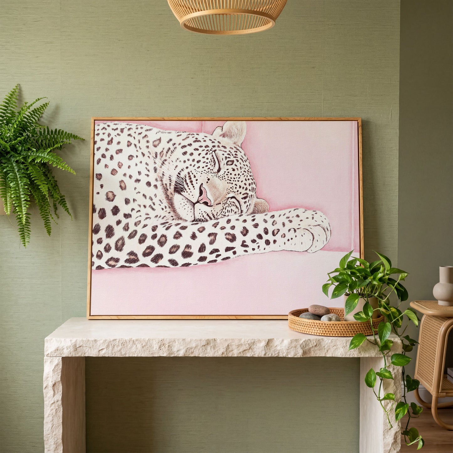 Soft Pastel Leopard Canvas in Pink and Cream in white oak floating frame