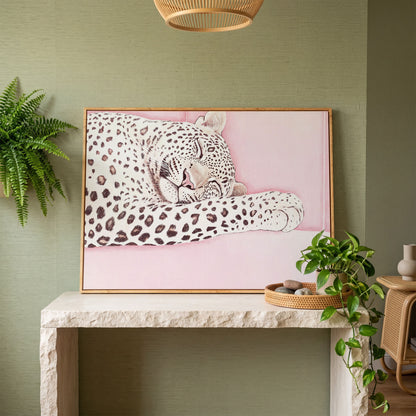 Soft Pastel Leopard Canvas in Pink and Cream in white oak floating frame
